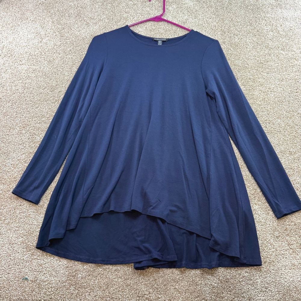Eileen Fisher Navy Blue Viscose Jersey High-Low Swing Tunic Top XS Long Sleeve
